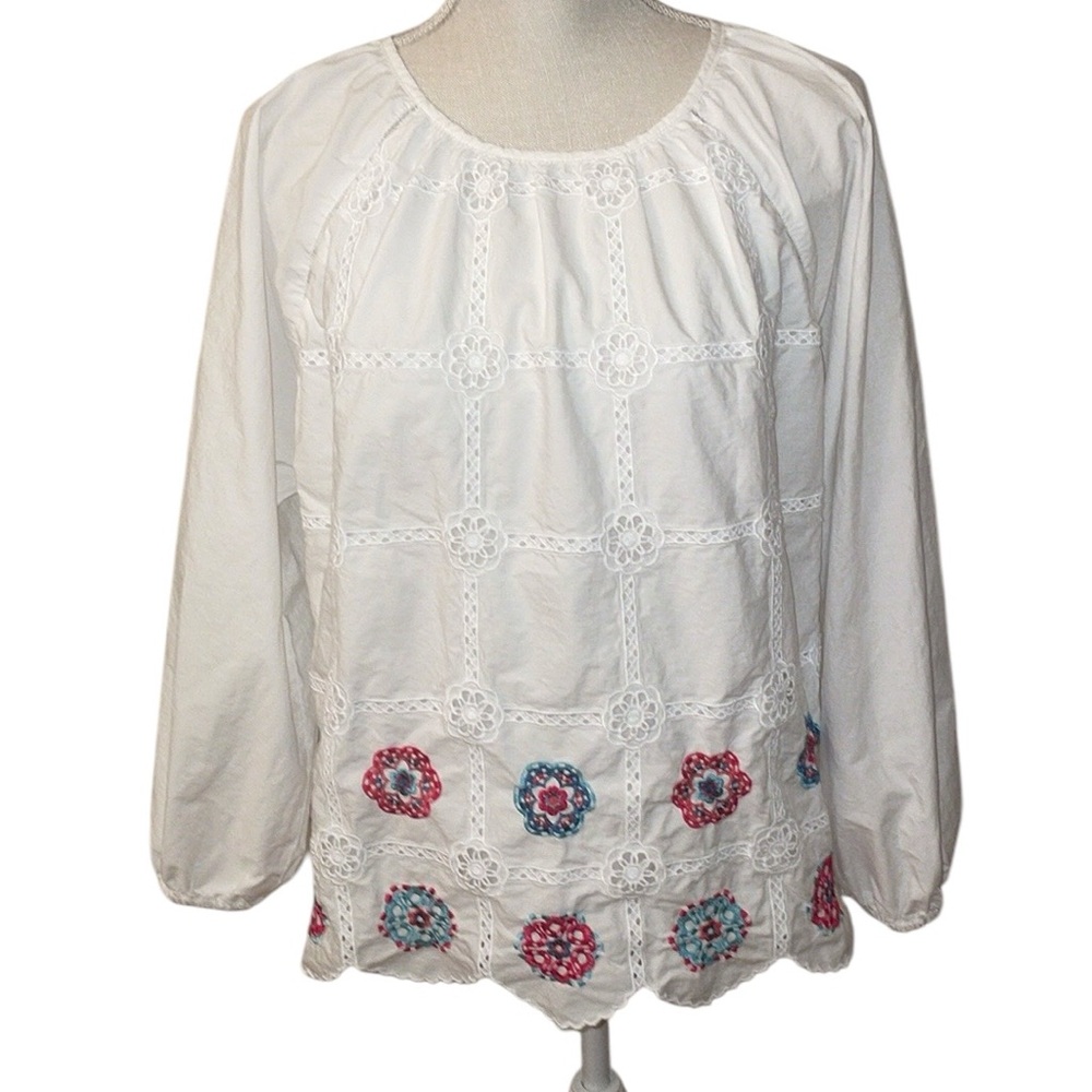 J Crew Embroidered Floral Eyelet Scalloped 3/4‎ Sleeve Top Blouse Size Large